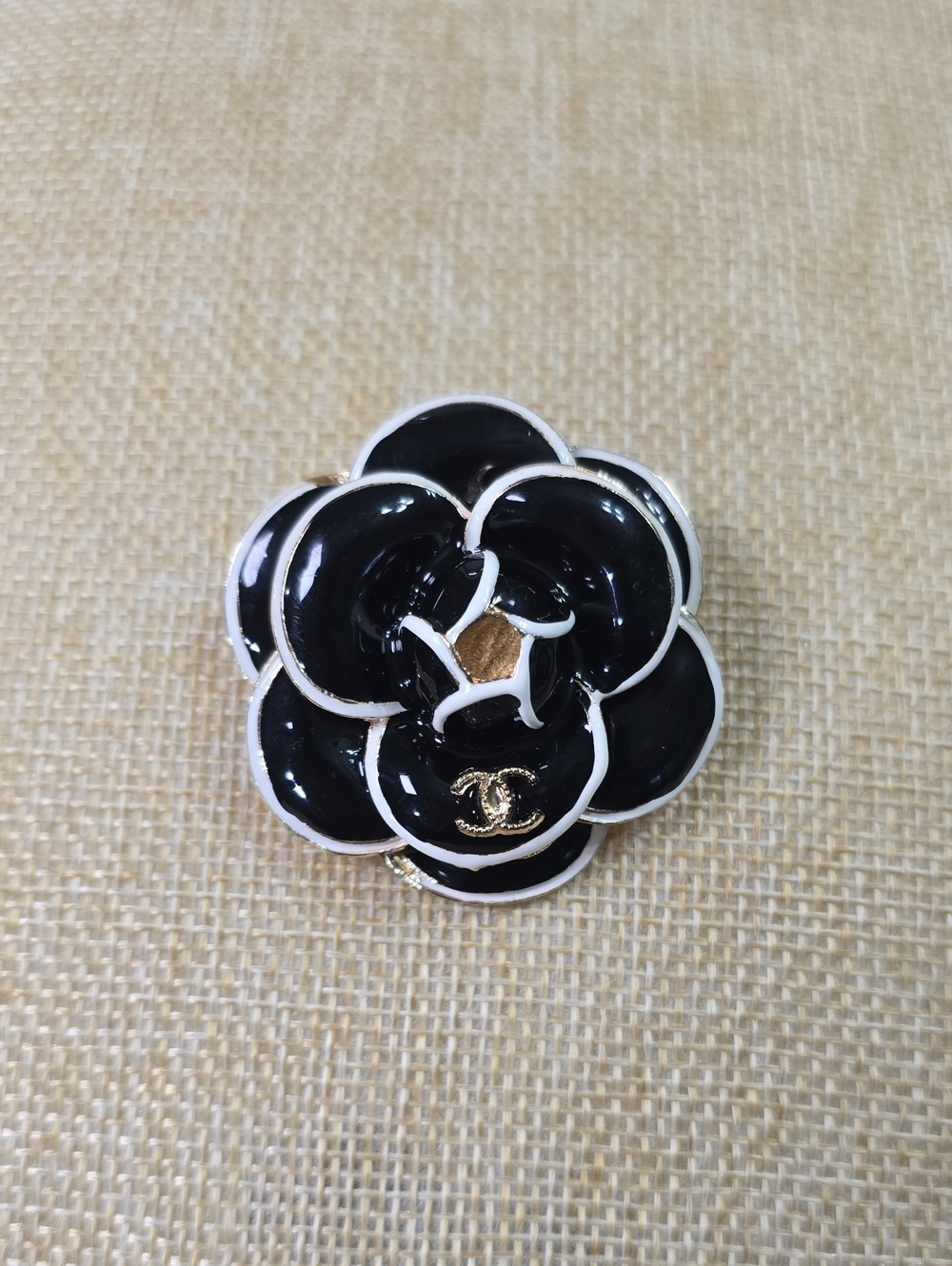 Black and White Camellia Fashion Brooch with Gold CC Initials
